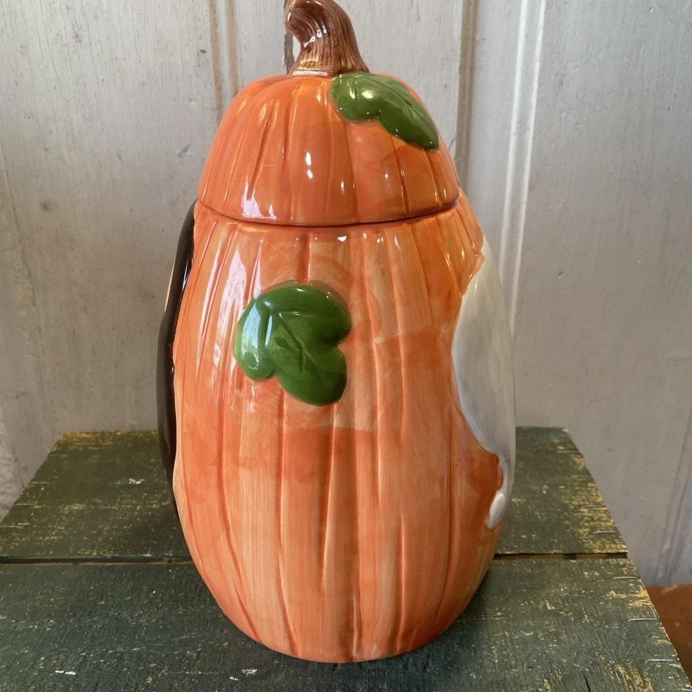 Vintage‎ 90s Ceramic Cookie Jar Halloween Tall Pumpkin Black Cat Ghost Canister